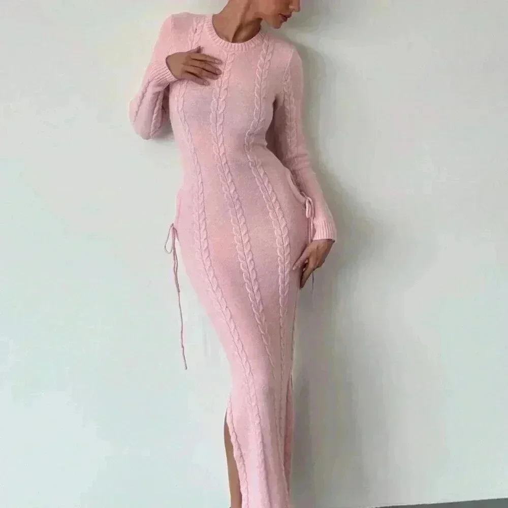 Pink Elegant Women's Warm Cinched Waist Knitted Dress